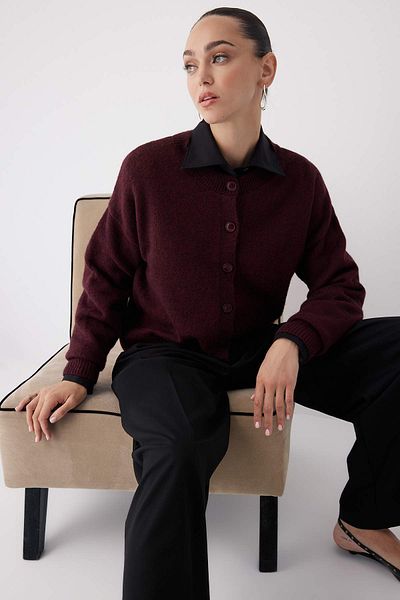 Trendyol Collection Burgundy Alpaca Wool Blended Wide Fit Knitwear Cardigan Twoaw26Hi00089