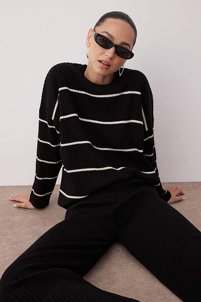 Trendyol Collection Black*001 Wide Fit Striped Basic Ribbed Knitwear Bottom-Top Set Twoss20Au0084