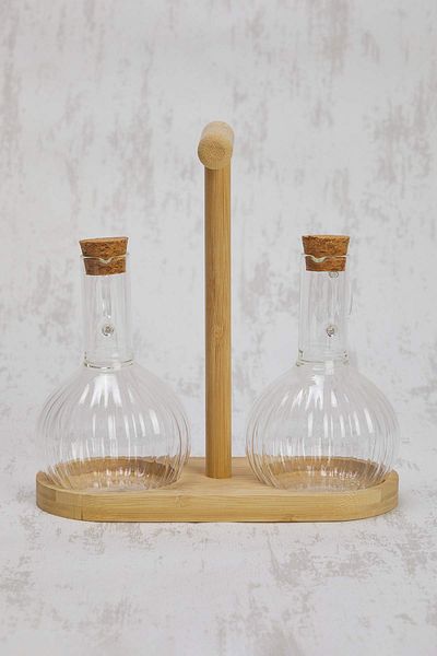 Trendyol Collection 2-Piece Glass Wooden Stand Oil Pot 300ml Tphss25Yag00000