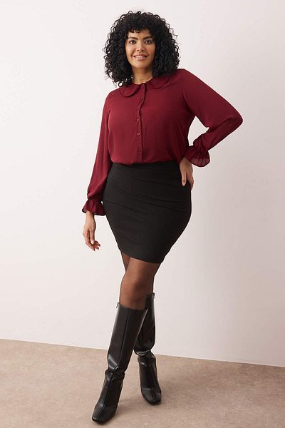 Trendyol Curve Burgundy Baby Collar Pompom Detailed Regular Regular Fit Woven Large Size Shirt Tbbaw26Ax00008