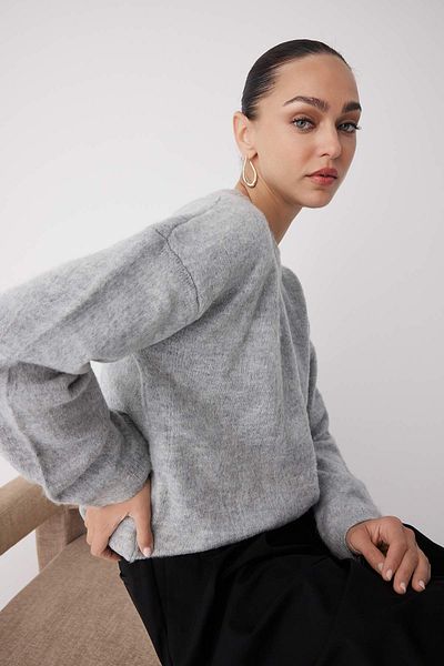 Trendyol Collection Pulover de tricotaj de bază cu model lat, gri, moale, texturat TWOAW26KZ00088