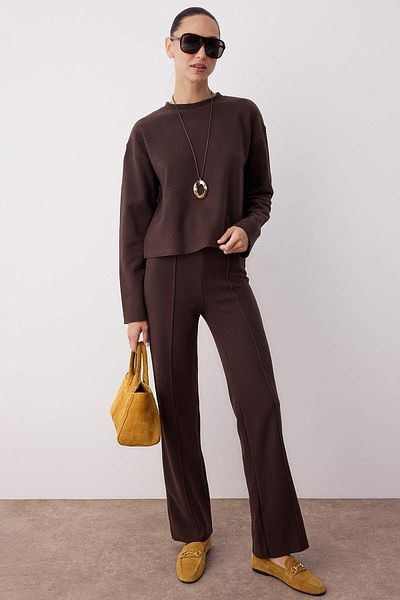 Trendyol Collection Комплект от плетена долна част - горнище с кафяв ребрест Selanik TWOAW26AU00036