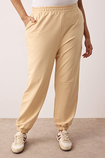 Trendyol Curve Mink Loose Jogger Slim Leg Elastic Waist Stretchy Waist Knitted Plus Size Sweatpants Tbbaw23Aj00002