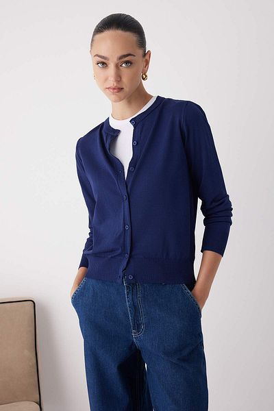 Trendyol Collection Navy Blue Premium/Special Yarn Mercerized Look Crew Neck Basic Knitwear Cardigan Twoaw26Hi00095