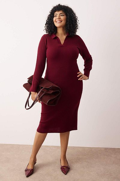 Trendyol Curve Rochie de tricotaj cu guler polo prune TBBAW23AH00002