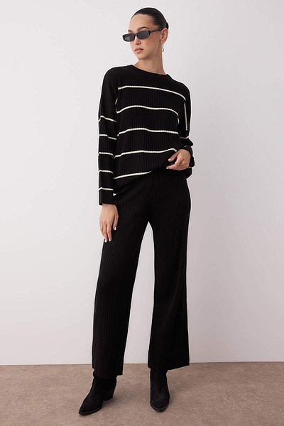 Trendyol Collection Black*001 Wide Fit Striped Basic Ribbed Knitwear Bottom-Top Set Twoss20Au0084