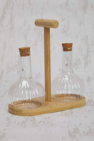 Trendyol Collection 2-Piece Glass Wooden Stand Oil Pot 300ml Tphss25Yag00000