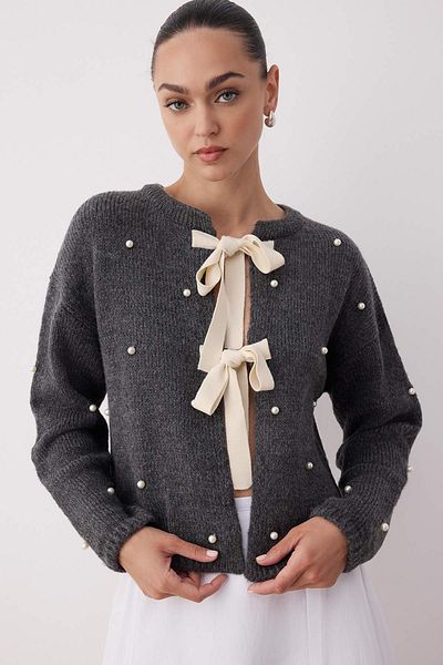 Trendyol Collection Γκρι κορδέλα δεμένη με πέρλες φαρδιά πλεκτή ζακέτα με απαλή υφή TWOAW26HI00050