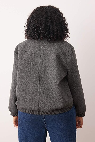 Trendyol Curve Anthracite Cashmere Bomber Plus Size Jacket Coat Twoaw26Aw00012