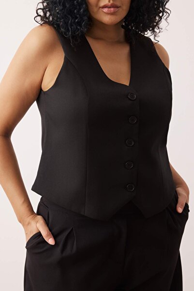 Trendyol Curve Černá tkaná vesta s knoflíky Crop Plus velikosti TBBSS24BH00003