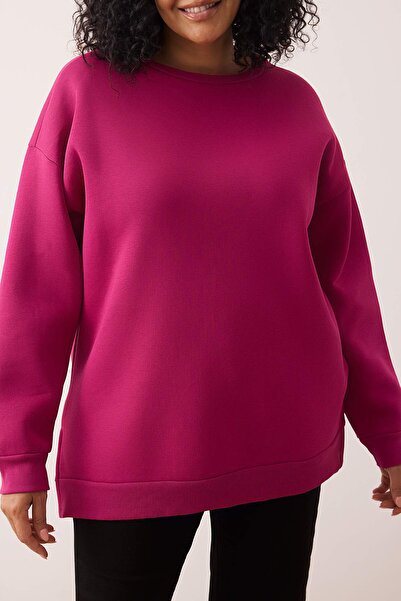 Trendyol Curve Fuchsiová mikina s tlustým fleecem uvnitř, rozparkem a volným střihem, pletená mikina velké velikosti TBBAW24AO00003