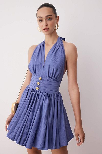 Trendyol Collection Blue Waist Opening/Skater Fall Detail Chiffon Short/Mini Dress Tprss25El00319