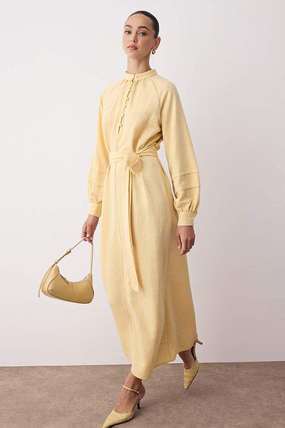 Trendyol Modest Light Yellow Linen Blend Woven Dress Tctss25Eb00117