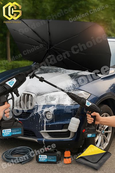 Primo Plus Car wash kit includes 520V water pump, foam tank, hose, dryer pad, and car umbrella.