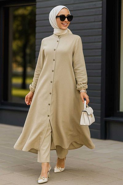 N.S NEVA STYLE Beige Hijab Double Set - Buttoned, 19017BEIGE