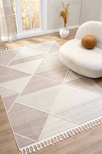 Eliz Home Bej Krem Saçaklı Dokuma Halı Oturma Odası Salon Halısı