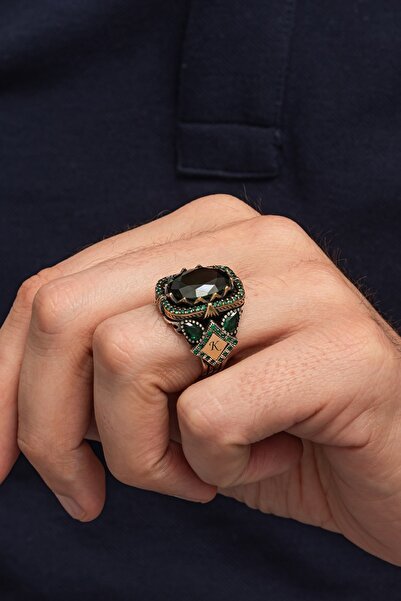 ALYANSEVİM Yeşil Taşlı Harfli 925 Erkek Gümüş Yüzük