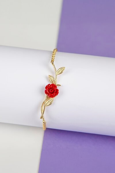 Silverplus Altın Kaplama 925 Ayar Gümüş Kırmızı Gül Bileklik