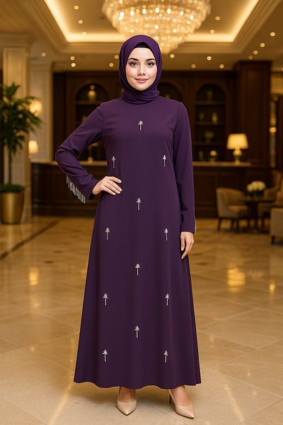 Neva Style Λιλά Φόρεμα Hijab με Λεπτομέρεια Χάντρας 30024lıla