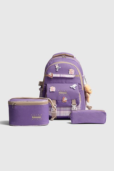 Fiyaka Rlx-1396 Set de 3 geanți pentru școală primară pentru copii, cu suport pentru creion și cutie de prânz, rucsac PURPLE