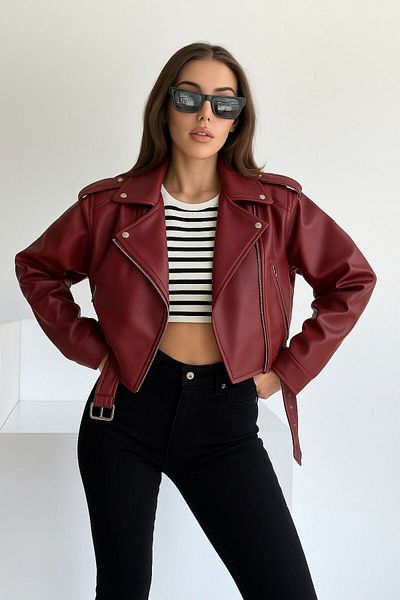 MEYASU Oversize Women's Belted Claret Red Leather Jacket