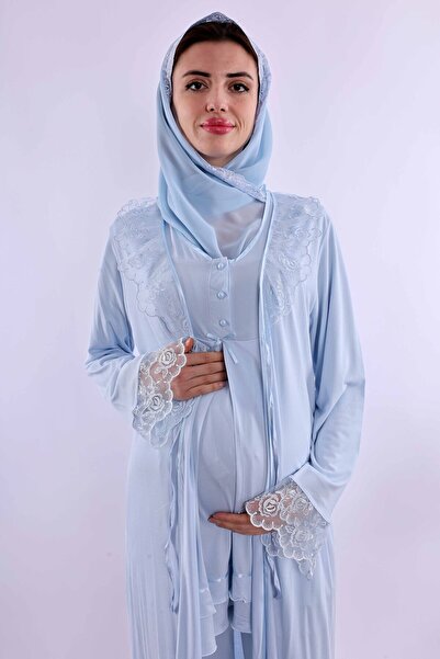 ByLohusa Effortt Mavi Tesettürlü Sabahlıklı Hamile Lohusa Pijama Takımı Byl2t24242