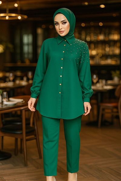 Neva Style Πράσινο Hijab Διπλό Σετ με Λεπτομέρεια Πέρλα 12461Y