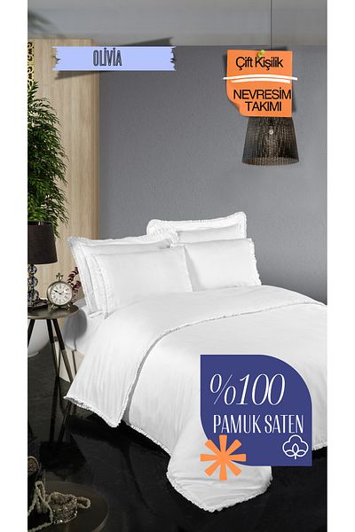 Silkarea Olivia 100% Cotton Satin Duvet Cover Set – Fitted Sheet, Double, White