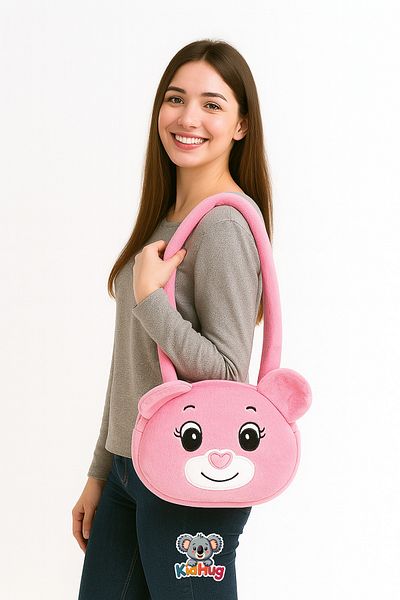 KidHug Shoulder Bag Teddy Bear Face Embroidered Plush Soft Large Pink/Beige/Brown Options