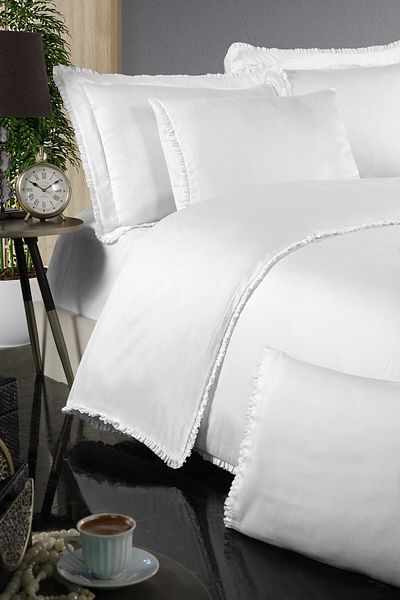 Silkarea Olivia 100% Cotton Satin Duvet Cover Set – Fitted Sheet, Double, White