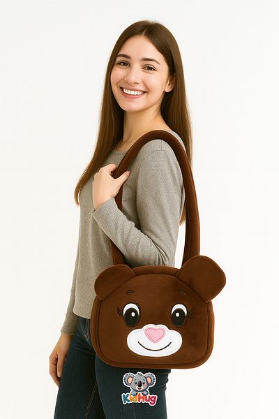 KidHug Shoulder Bag Teddy Bear Face Embroidered Plush Soft Large Pink/Beige/Brown Options