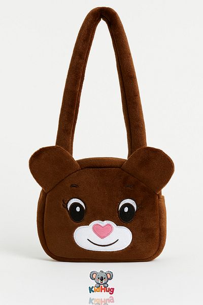 KidHug Shoulder Bag Teddy Bear Face Embroidered Plush Soft Large Pink/Beige/Brown Options