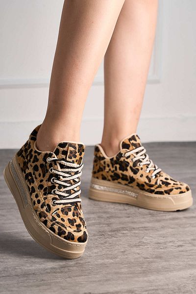 Allyup Pantofi de damă cu toc gros cu detaliu de piatră cu model leopard - vârf oval F70