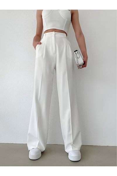 LAND MODA Γυναικείο ψηλόμεσο παντελόνι Palazzo από ύφασμα πλισέ