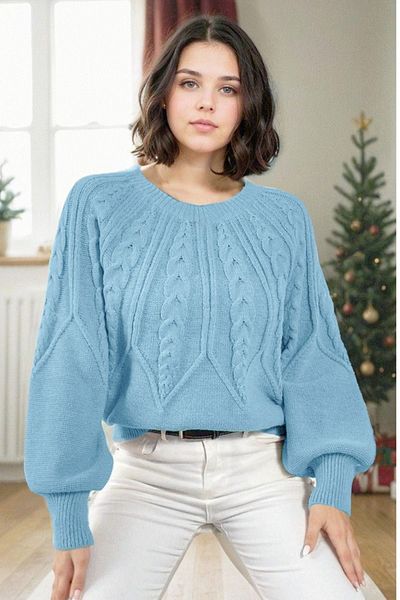 hanope Mânecă cu balon Gâtul turn Chic Tricotat Baby Blue Tricot Pulover tricotat