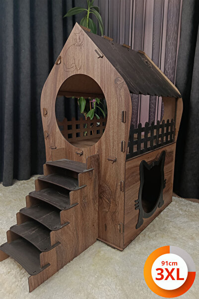 teknomooji 3xl Kedi Evi – Kahverengi, Koyu Kahverengi, Merdivenli, Iki Katlı Mdf, 91×92×52 Cm