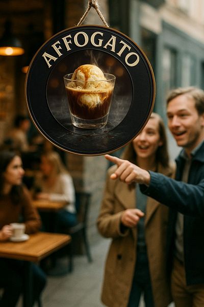 Nod Affogato Themed Round Cafe Sign – Jute Drawstring Wooden Wall & Door Decor |   Barista Style Ornament