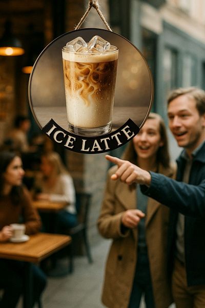 Nod Ice Latte Themed Round Cafe Sign – Jute Drawstring Wooden Wall & Door Decor |   Barista Style Ornament