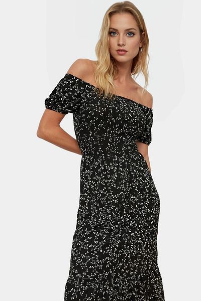 PayBuy Floral Knitted Midi Dress Women's Summer Short Sleeve Carmen Collar Casual High Quality Modern Style
