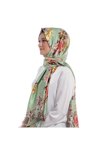 ipekevi Desenli İpek Şal - Şakayık Bahçesi - Mint Yeşili