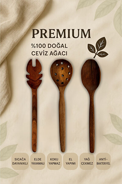 Ülgenev 3-Piece 100% Natural Walnut Wood Kitchen Set – Tongs, Spoon, Colander