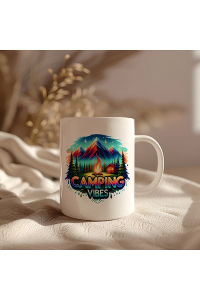 BB TRADE White Ceramic Printed Mug with Camping Vibes Design 330ml