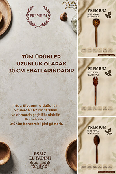 Ülgenev 3-Piece 100% Natural Walnut Wood Kitchen Set – Tongs, Spoon, Colander