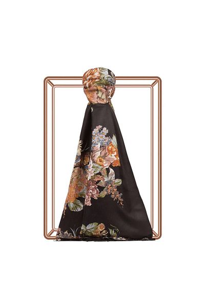 ipekevi Patterned Silk Shawl - Musk Rose Pattern - Black