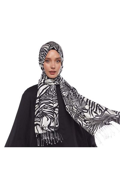 ipekevi Patterned Silk Shawl - Zebra Pattern - Black and White