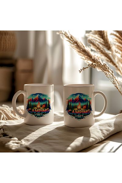 BB TRADE White Ceramic Printed Mug with Camping Vibes Design 330ml