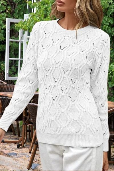 hanope Pulover alb tricotat pentru femei, cu modele ajurate