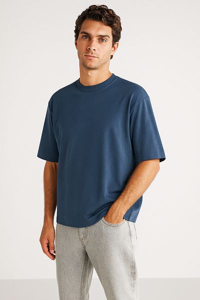 GUARAZ Men's Indigo Blue Oversize Crew Neck 100% Organic Cotton Plain Basic Summer T-Shirt