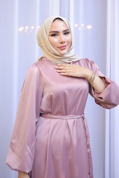 İmajButik Βραδινό φόρεμα με σατέν μανίκι με γιακά Dusty Rose