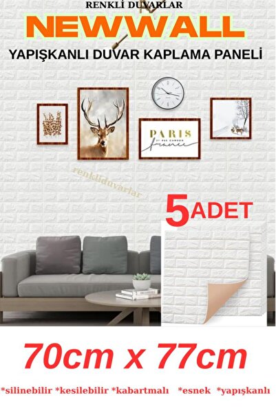 Renkli Duvarlar Beyaz Tuğla Desen 5 Adet 70cmx77cm Kendinden Yapışkanlı Duvar...